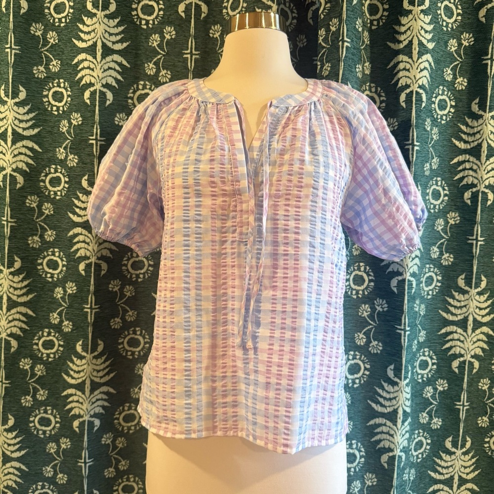 LOFT Pastel Tie Neck Pastel Striped Gingham Plaid Puff Sleeve Top Size XS - Picture 9 of 9